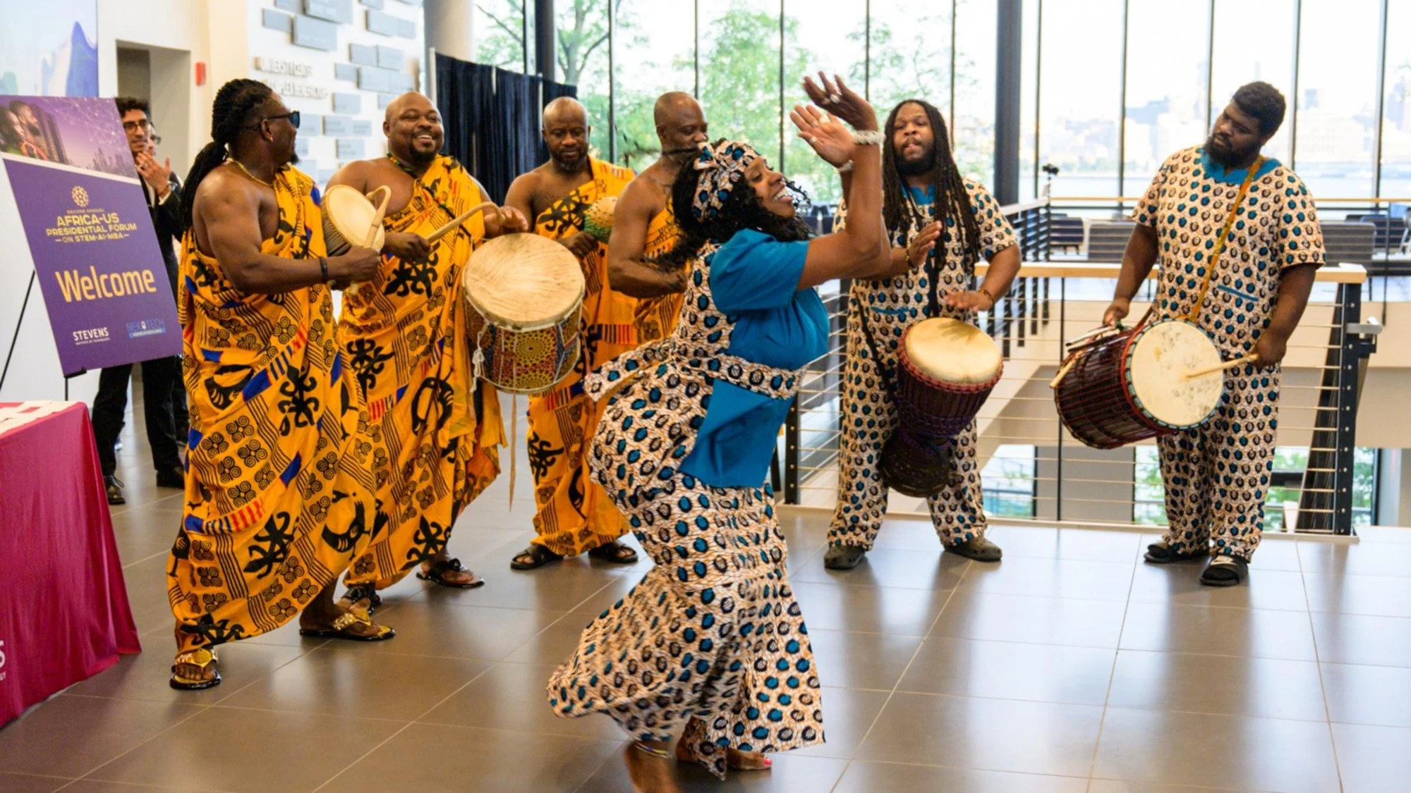 Kete drummers in kente cloth and a dancer performing a welcoming ceremony at Stevens Institute of Technology, September 2024